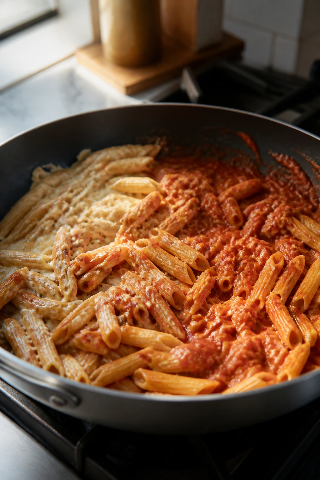 Skillet with pasta and uneven sauce texture signaling common mistakes