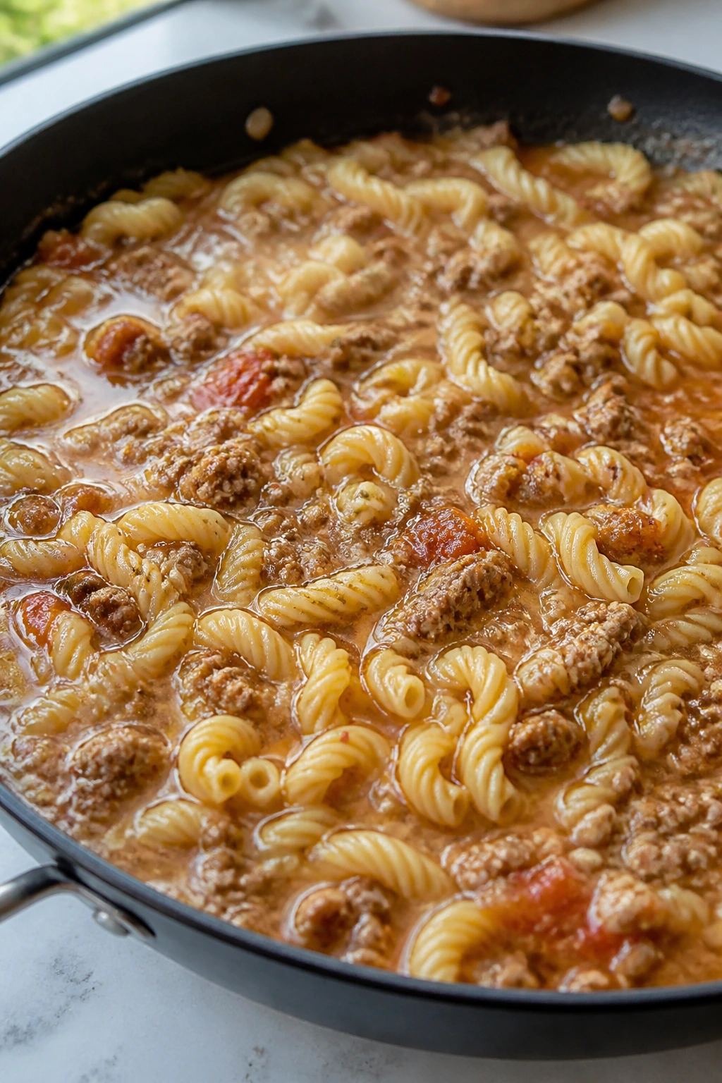 Skillet with pasta and watery sauce illustrating common mistakes