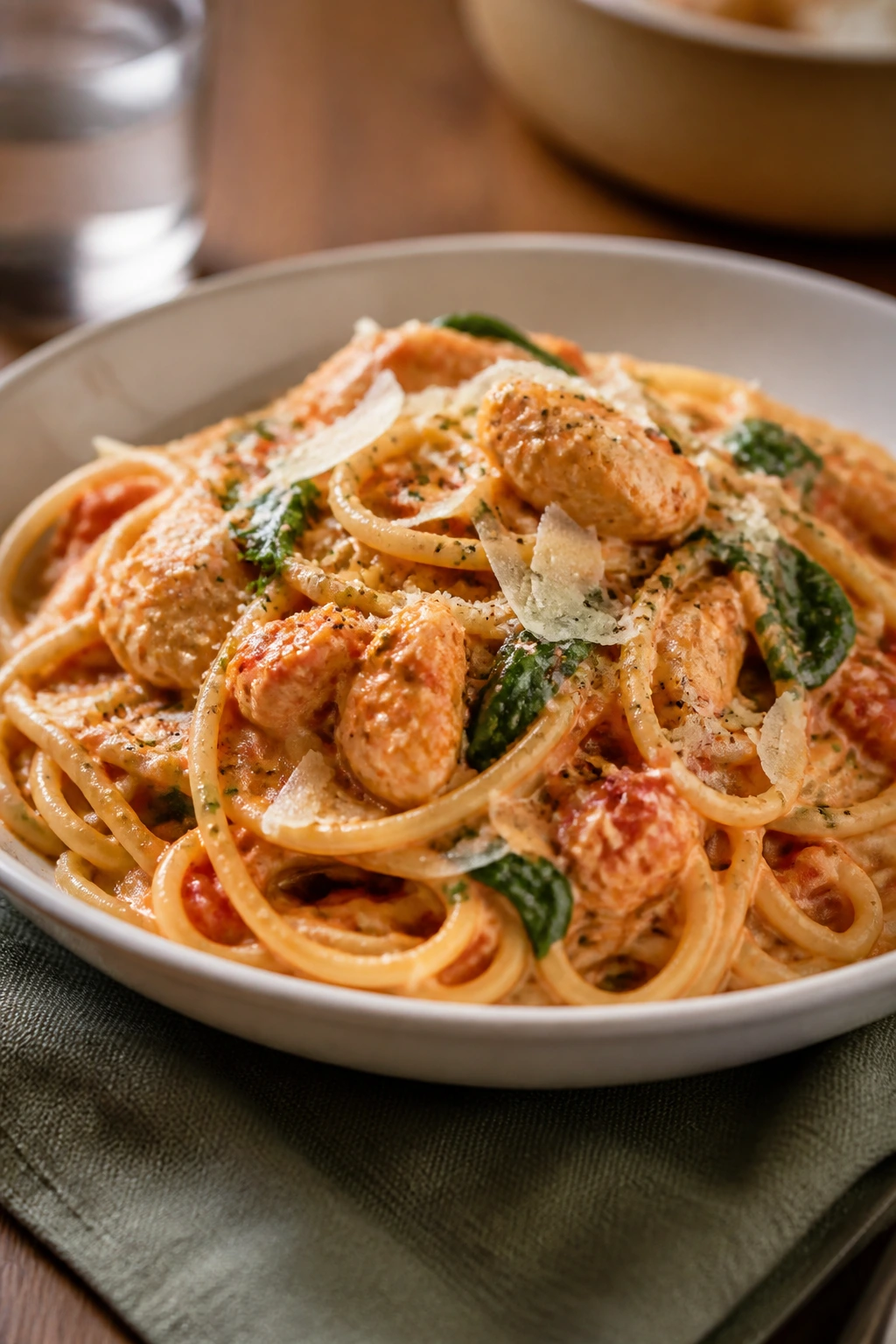 Plate of pasta on a warm kitchen table ready for a quick weeknight dinner