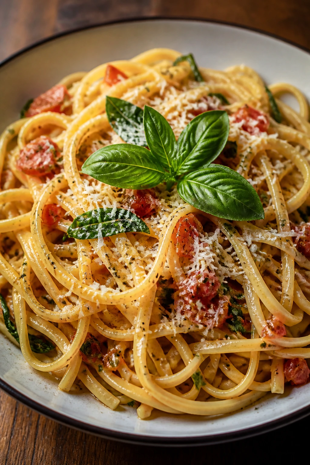 Plated pasta with basil garnish ready to serve