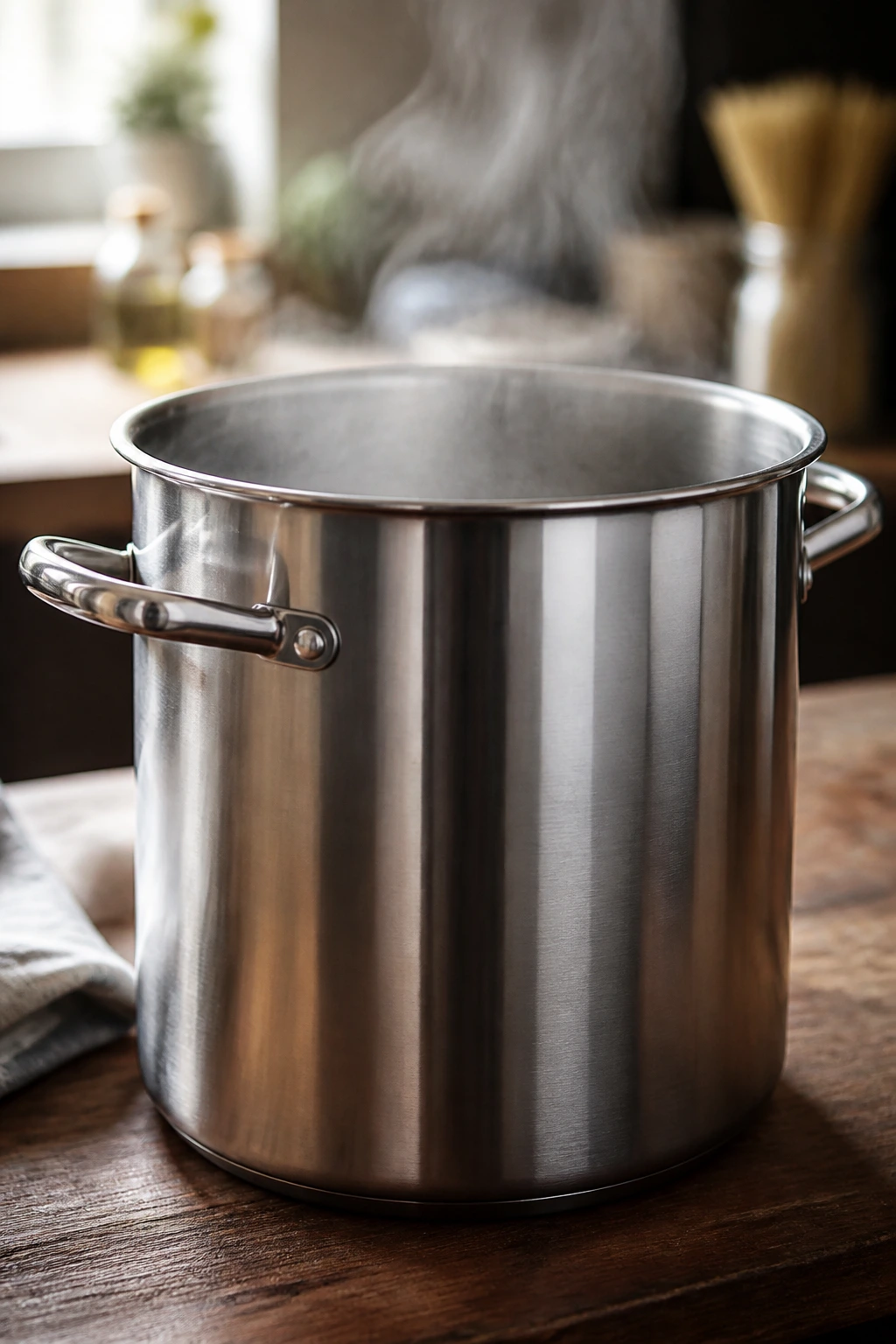Large pasta pot steaming on a kitchen counter