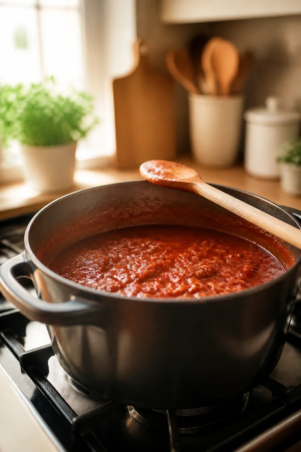 Simmering pasta sauce on stove with wooden spoon in a cozy kitchen