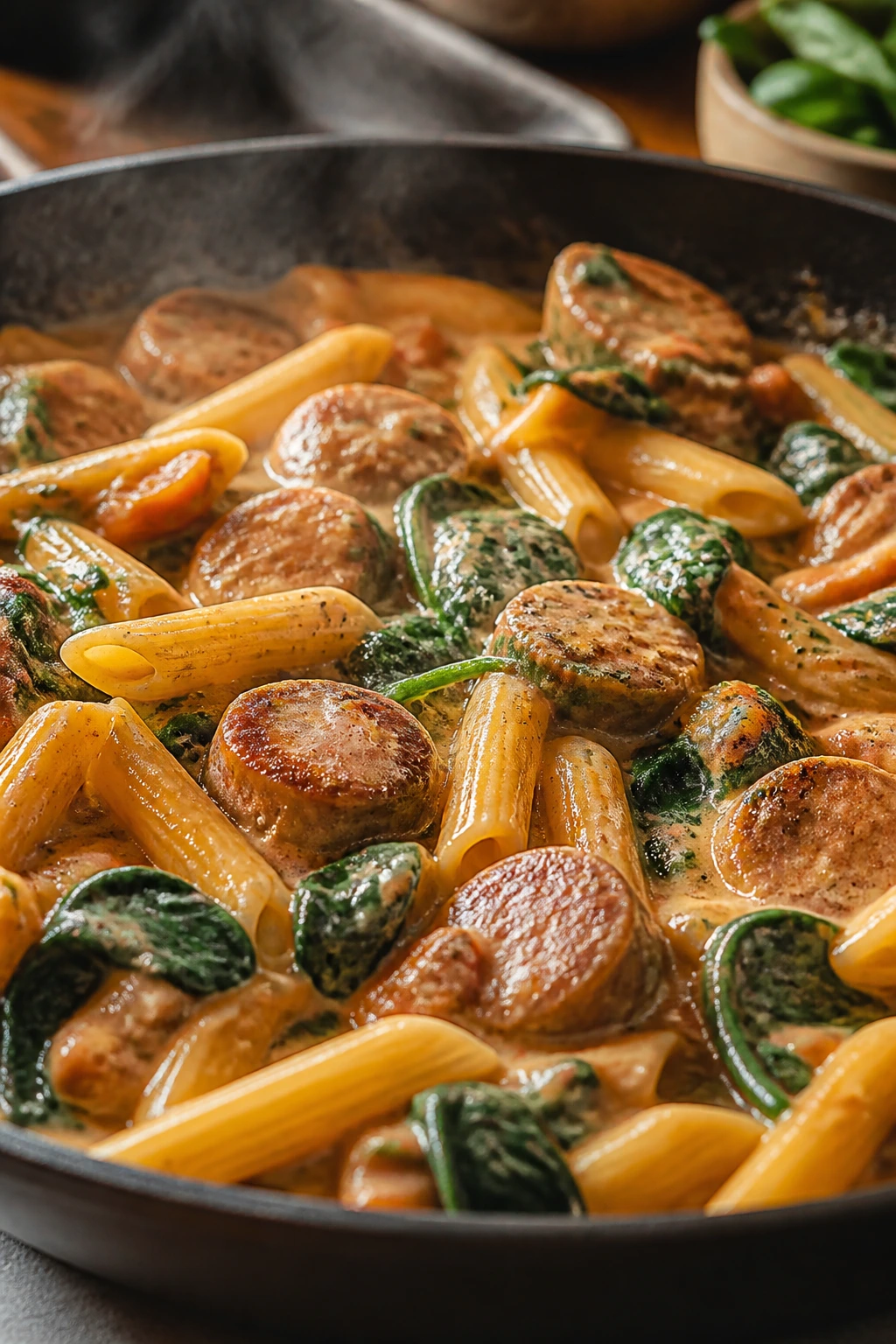 Creamy sausage pasta with spinach in skillet