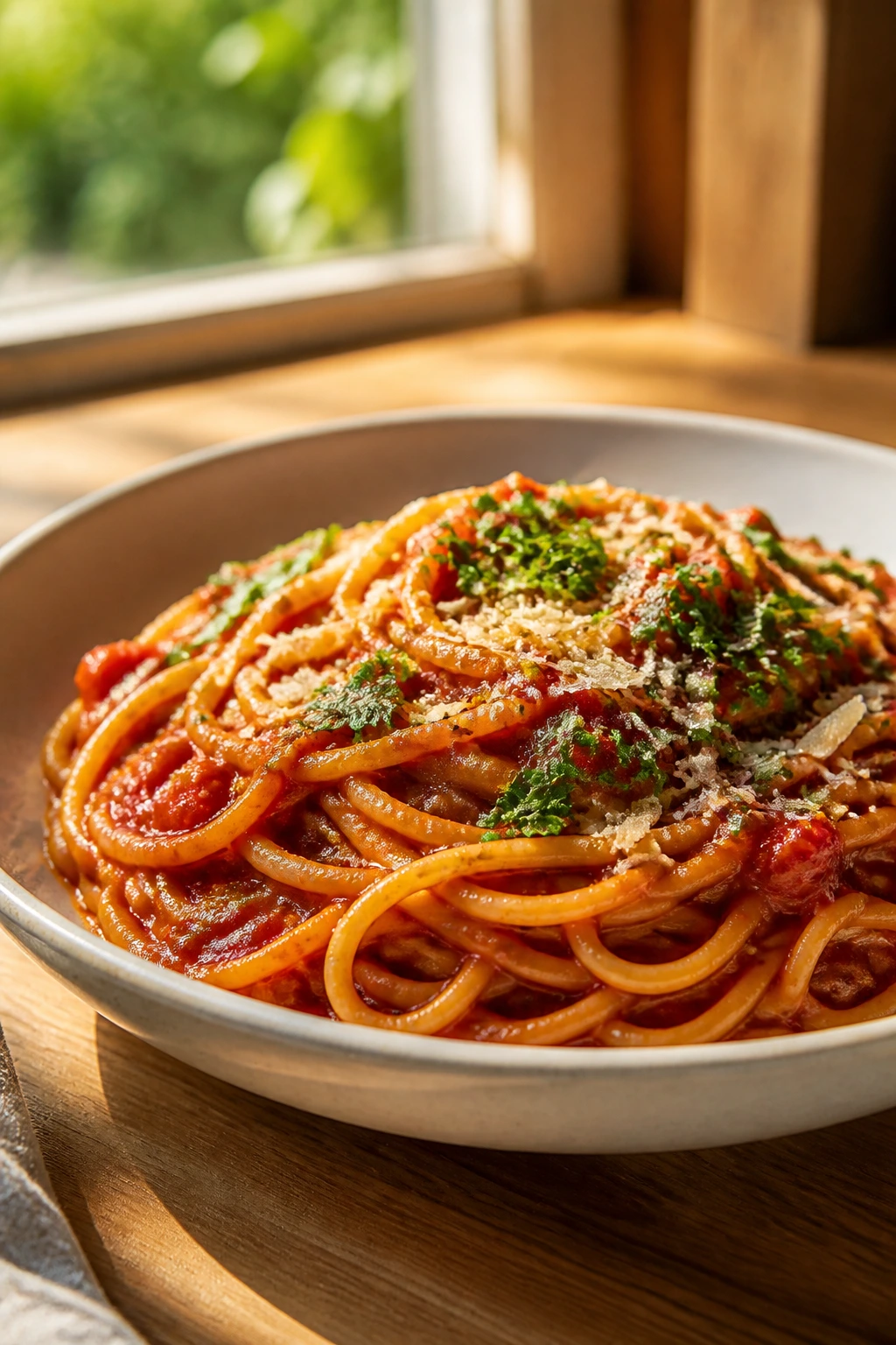 Plated tomato spaghetti in a shallow bowl with herbs on a wooden table