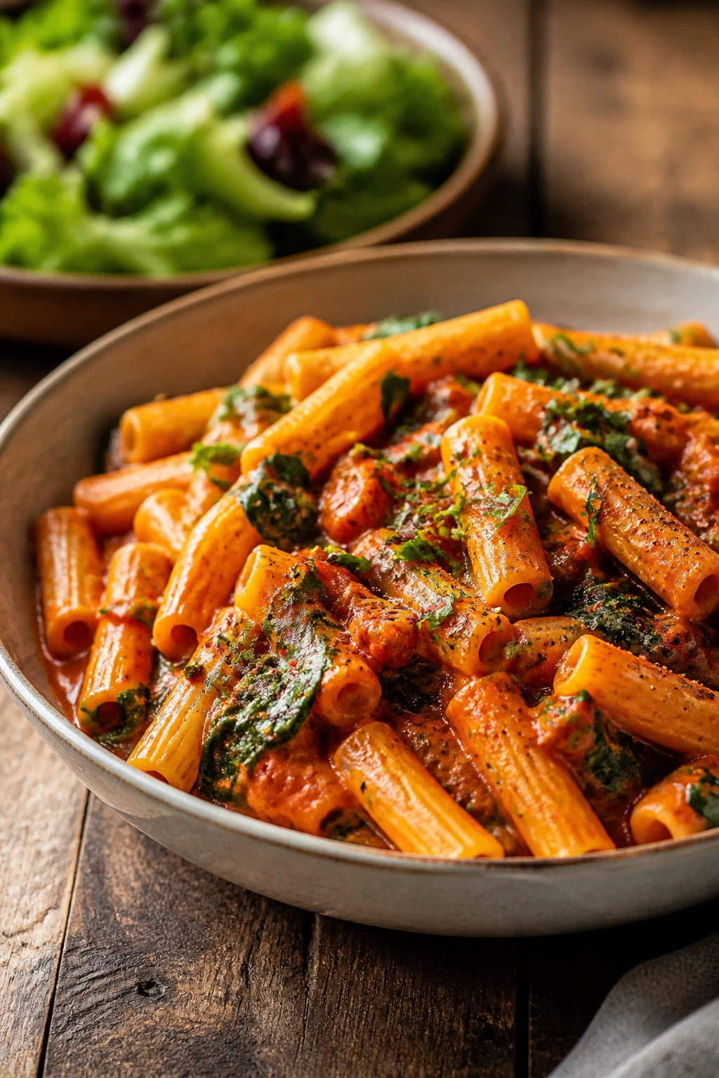 Serving suggestion: a glossy bowl of dairy-free pasta with side salad