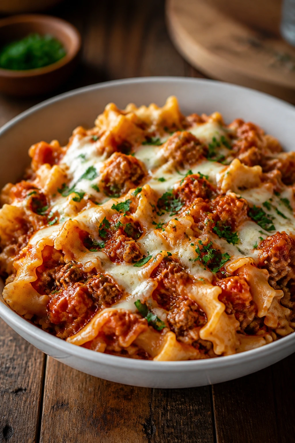 Close-up of pasta in a shallow serving bowl ready to serve