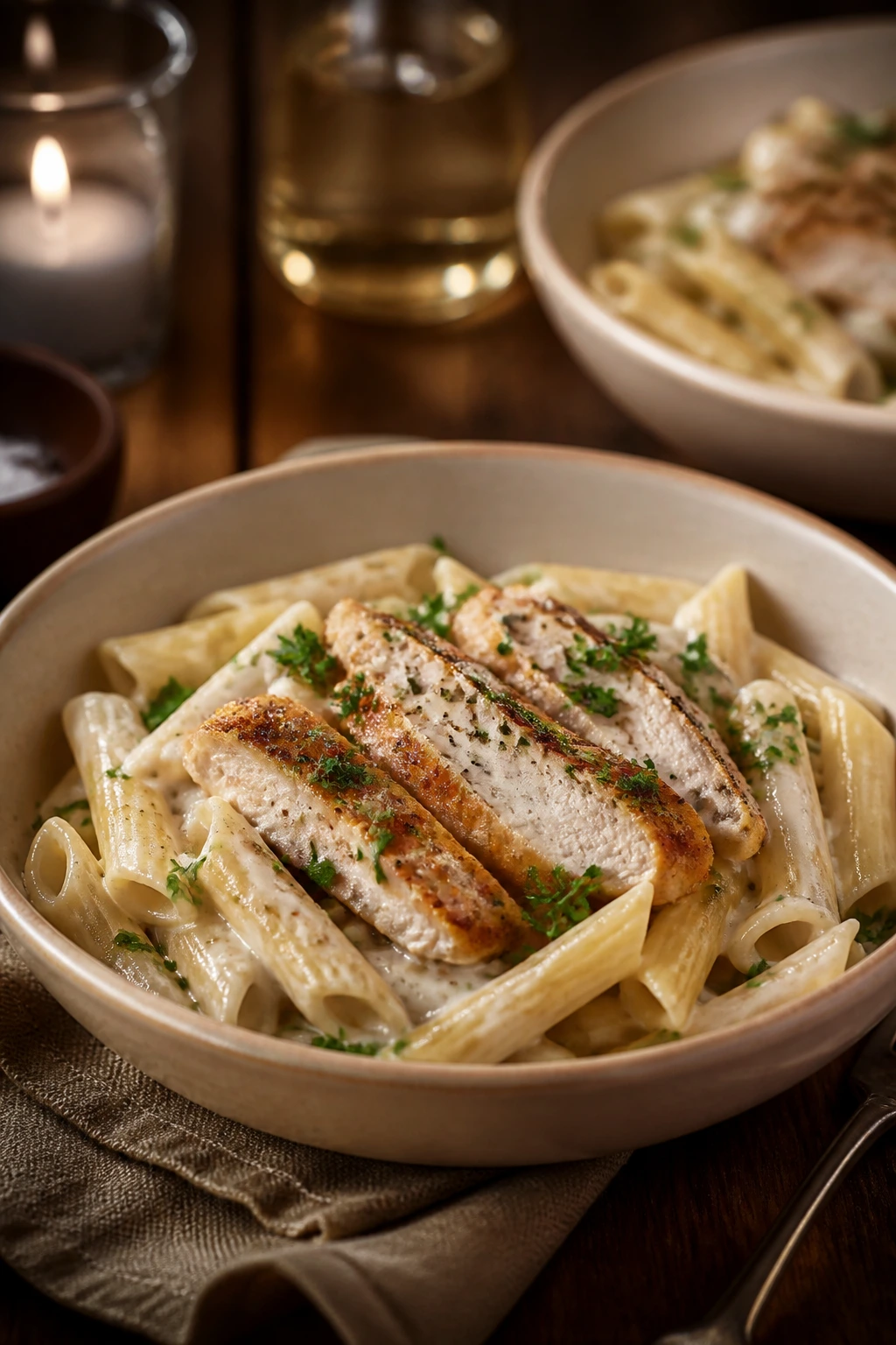 Served creamy garlic parmesan chicken and penne in a shallow bowl with parsley garnish