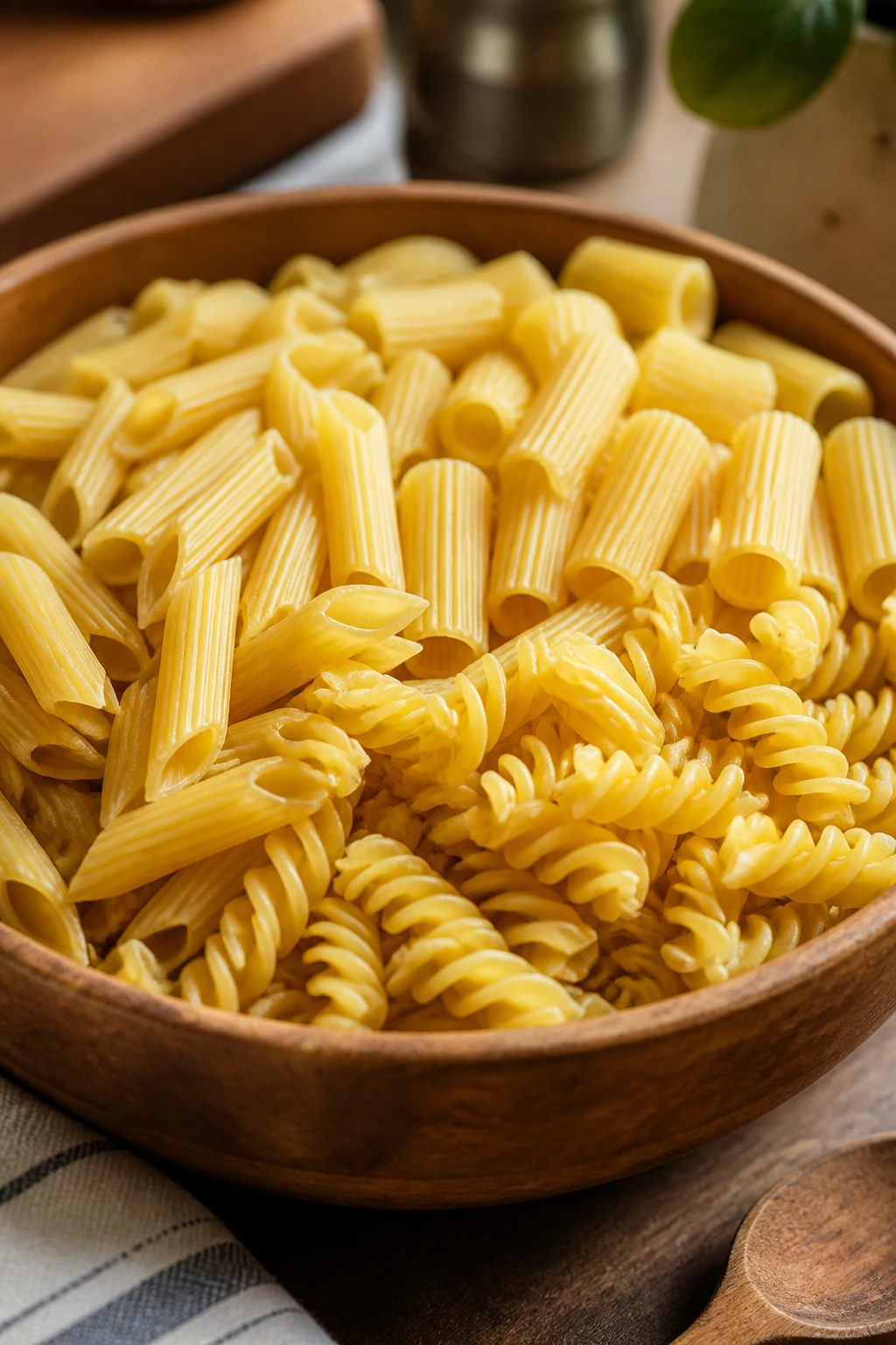 Assorted dry pasta shapes in a wooden bowl on a kitchen counter