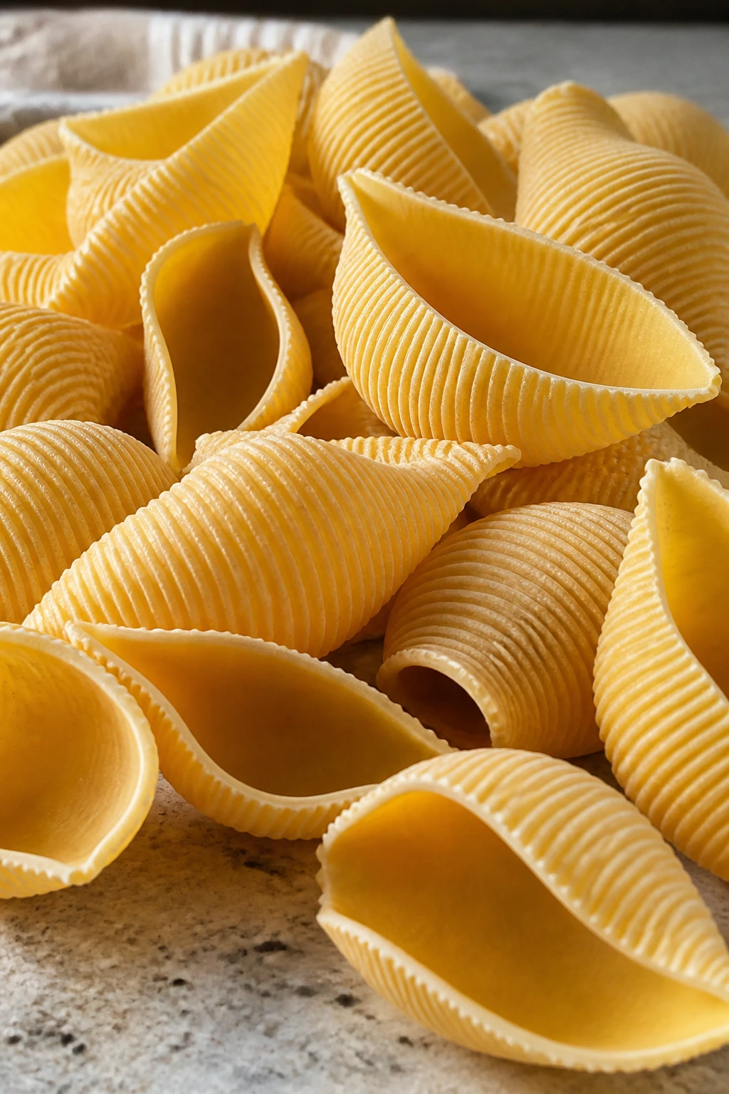 Close-up of jumbo pasta shells on a kitchen counter