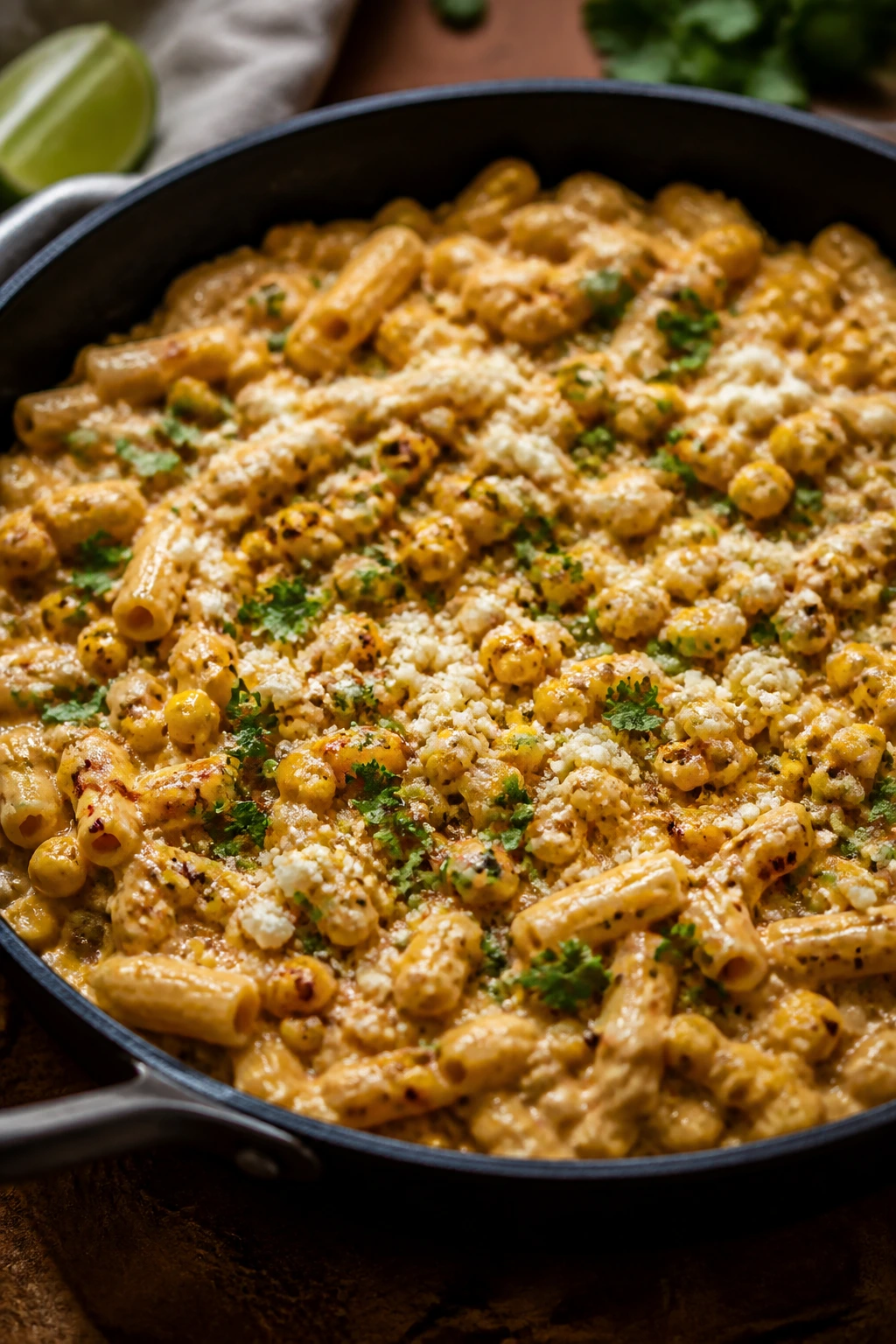 Creamy corn pasta in skillet with cotija and corn kernels