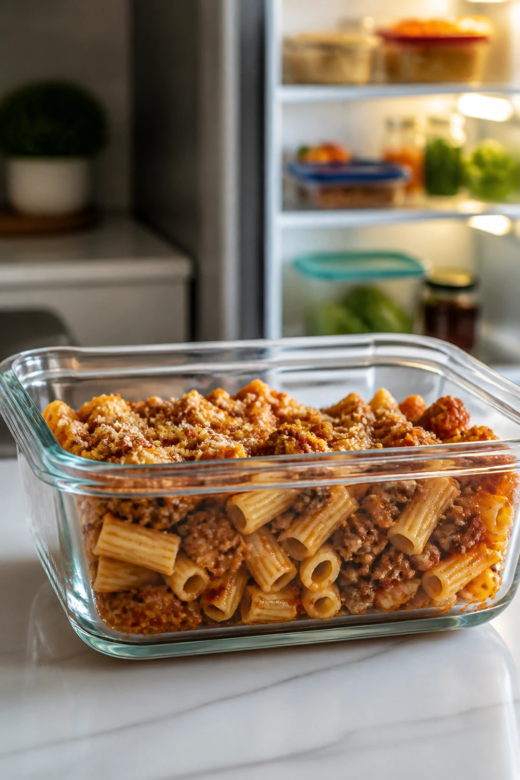 Glass storage container filled with pasta on kitchen counter