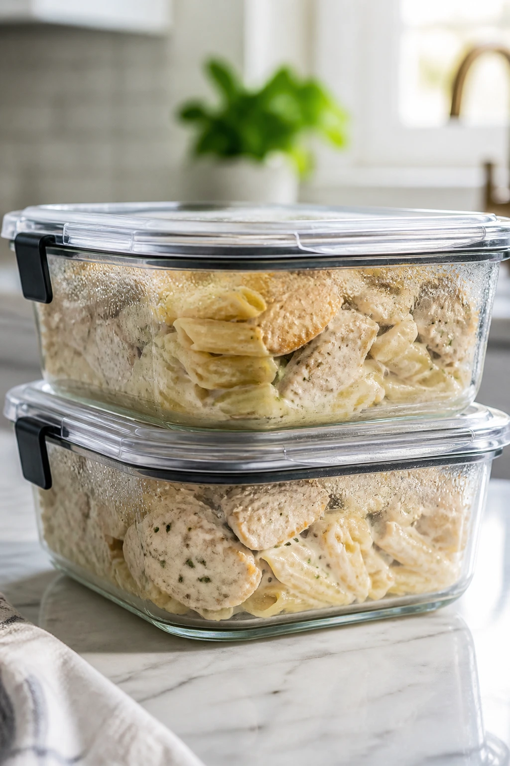 Container of creamy chicken and penne pasta ready for storage in the fridge.