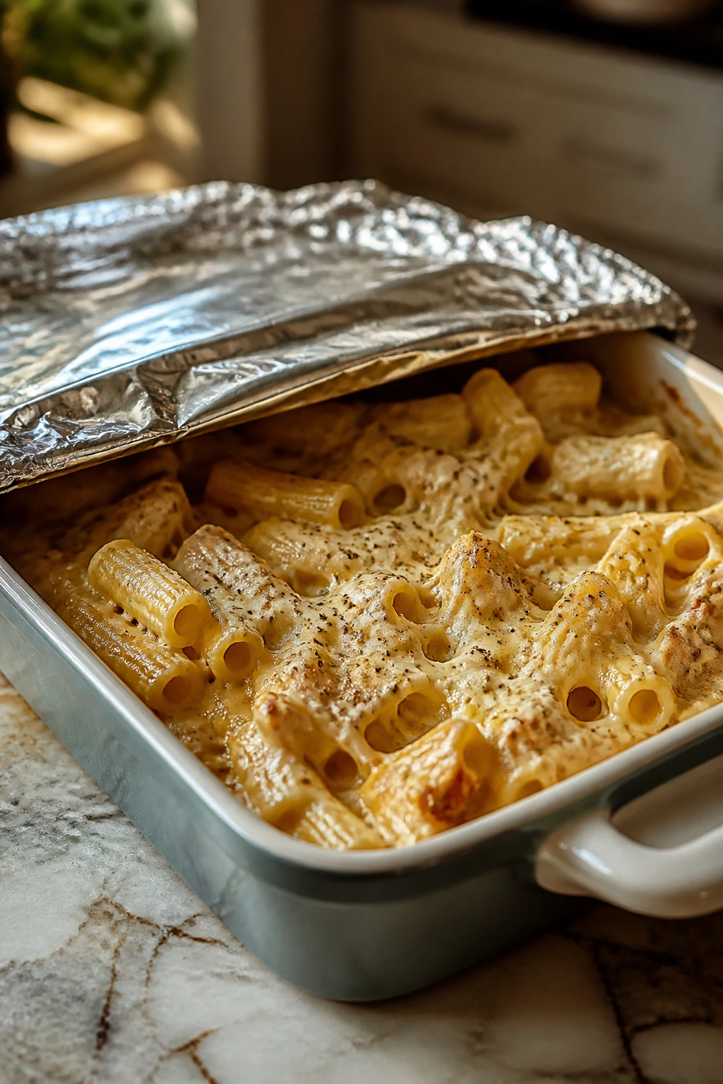 Casserole dish of creamy pasta with lid removed on a kitchen counter