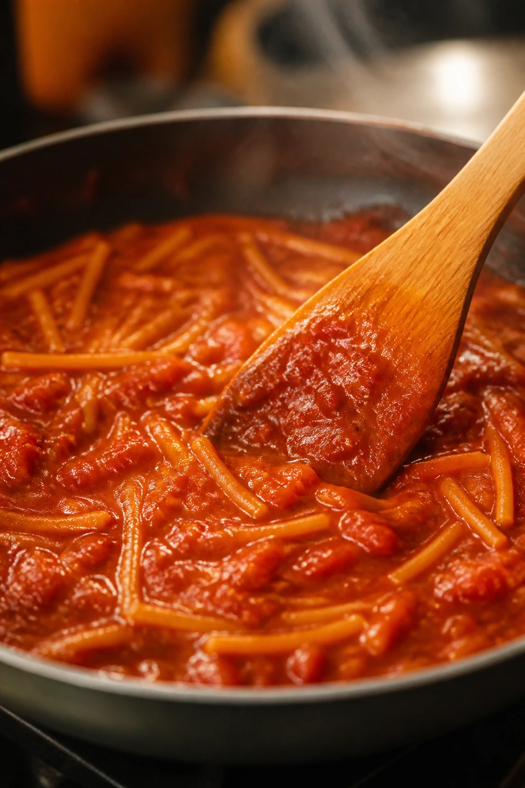 Glossy tomato sauce being stirred with broken spaghetti in a pan