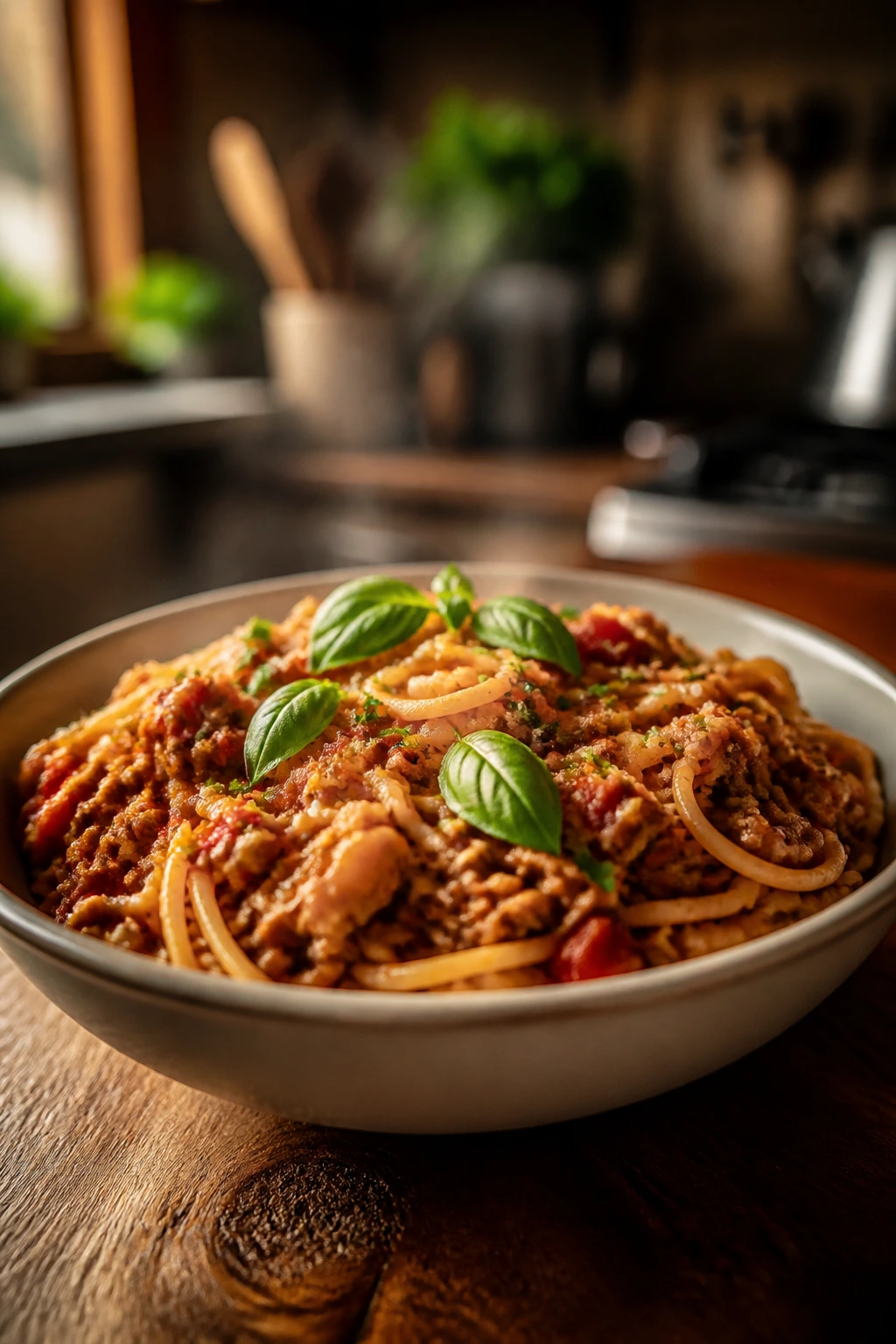 Steaming bowl of turkey meat sauce pasta with basil