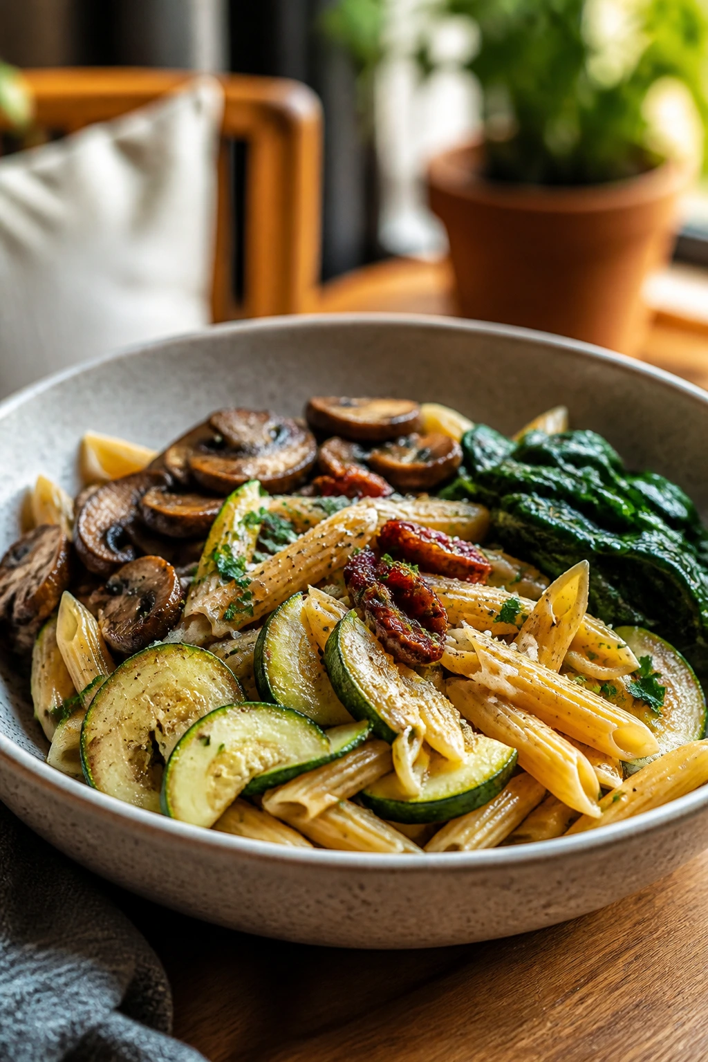Pasta bowl with varied toppings indicating adaptable variations