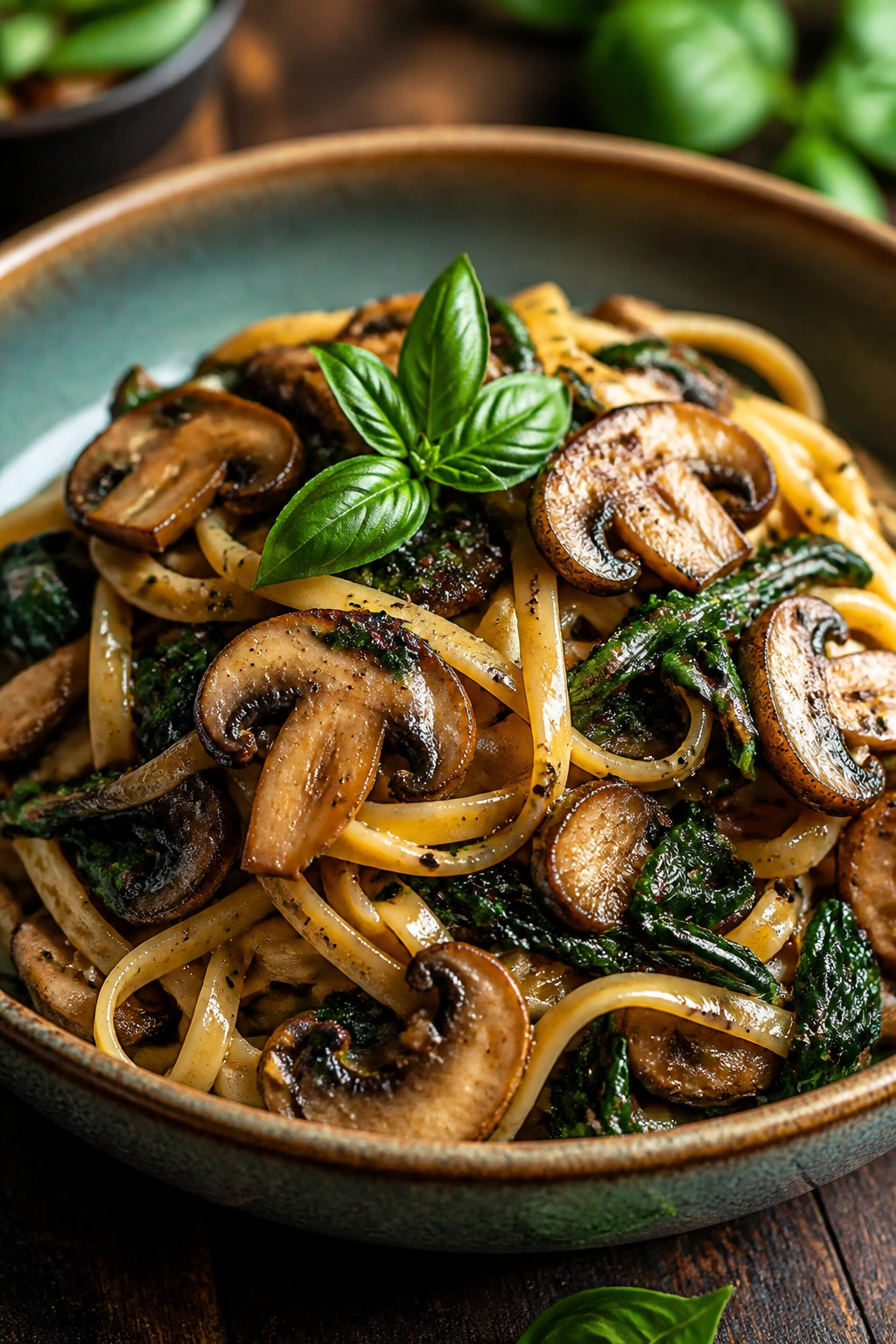 Pasta with mushrooms in dairy-free sauce on rustic plate