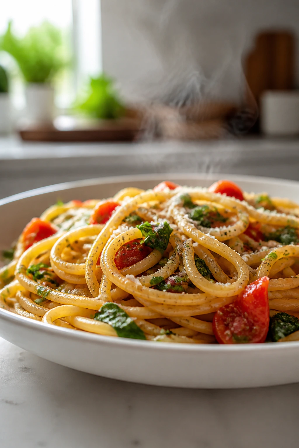 Close-up of a plate of pasta ready for weeknight dinner