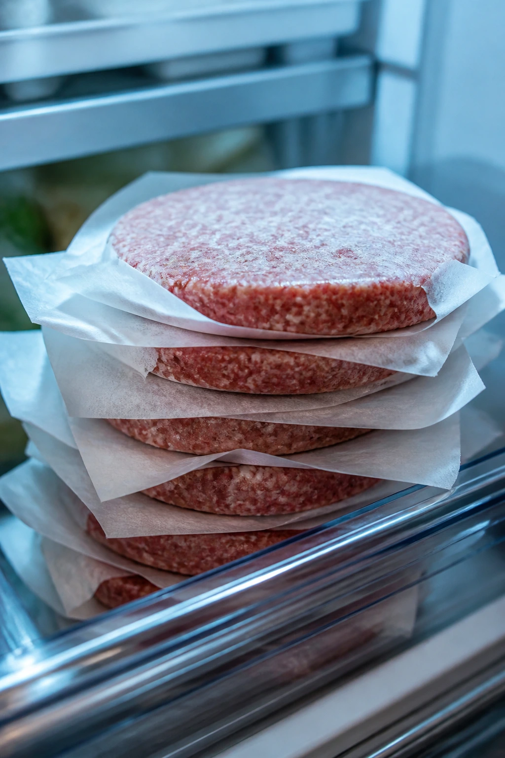 Parchment-wrapped raw burger patties in fridge