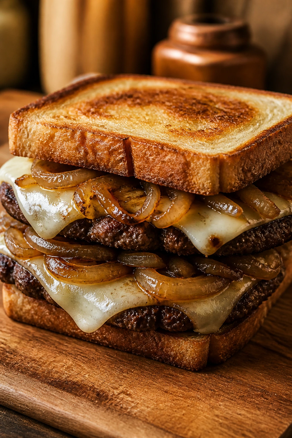 Close-up of a patty melt with onions and melted cheese on rye