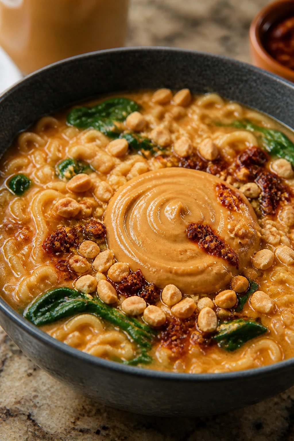 Close-up of ramen with peanut butter sauce and chili crunch toppings