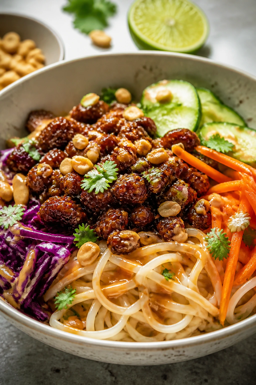 Beef noodle bowl with peanut-lime sauce and crunchy toppings