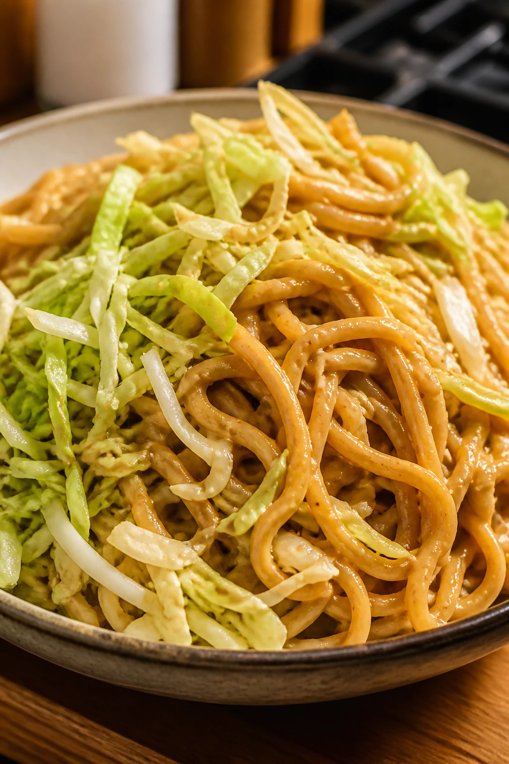 Bowl of peanut noodles with shredded cabbage on top