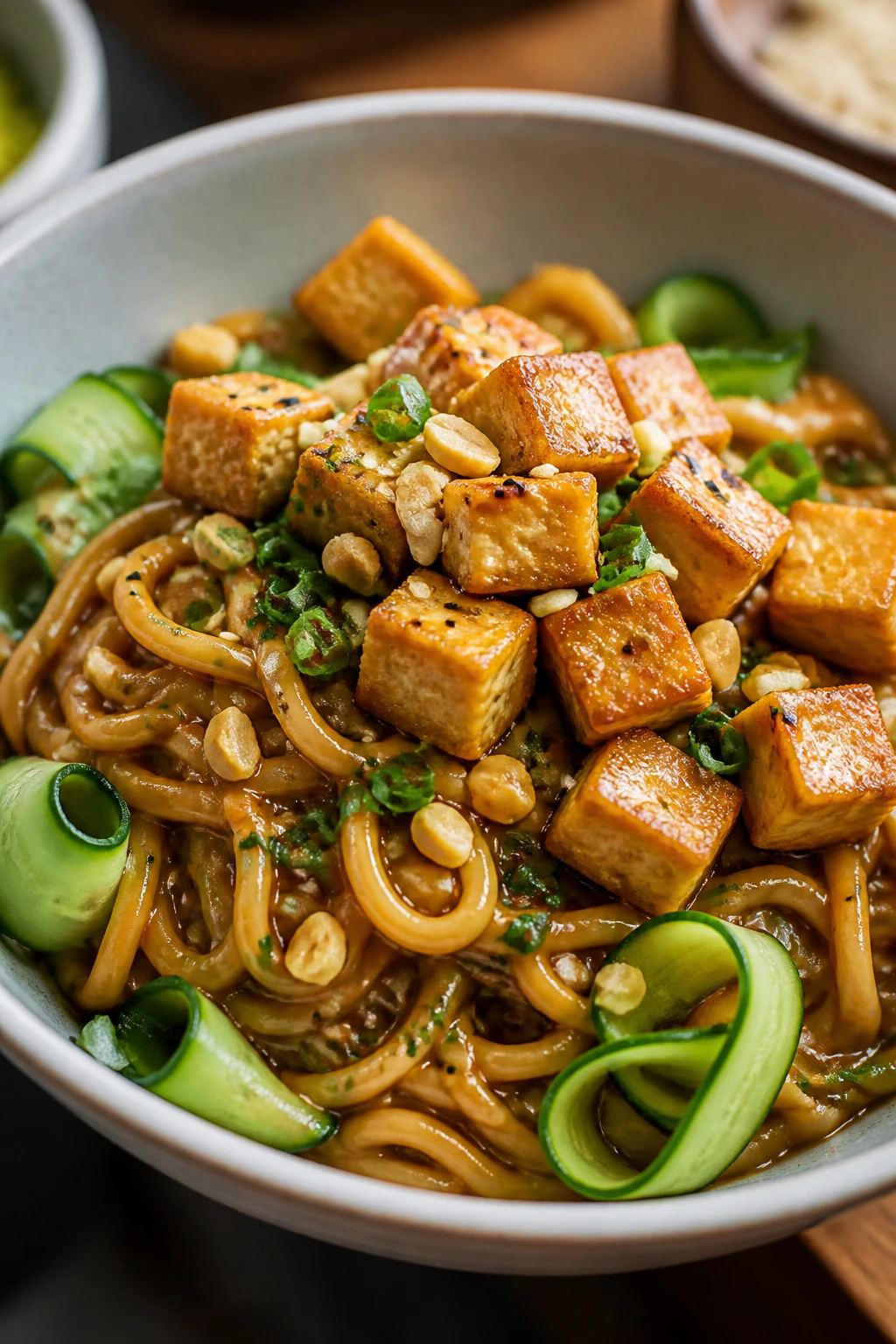 Close-up of peanut noodles with crispy tofu in a glossy sauce