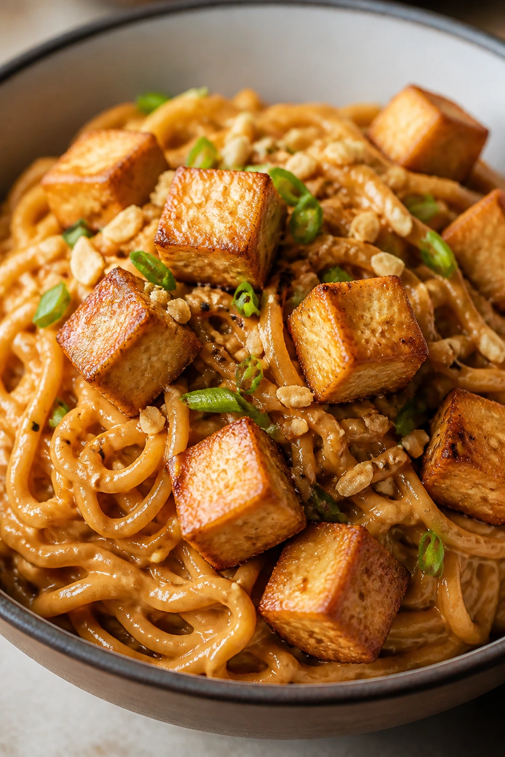 Noodles with crispy tofu in a peanut sauce