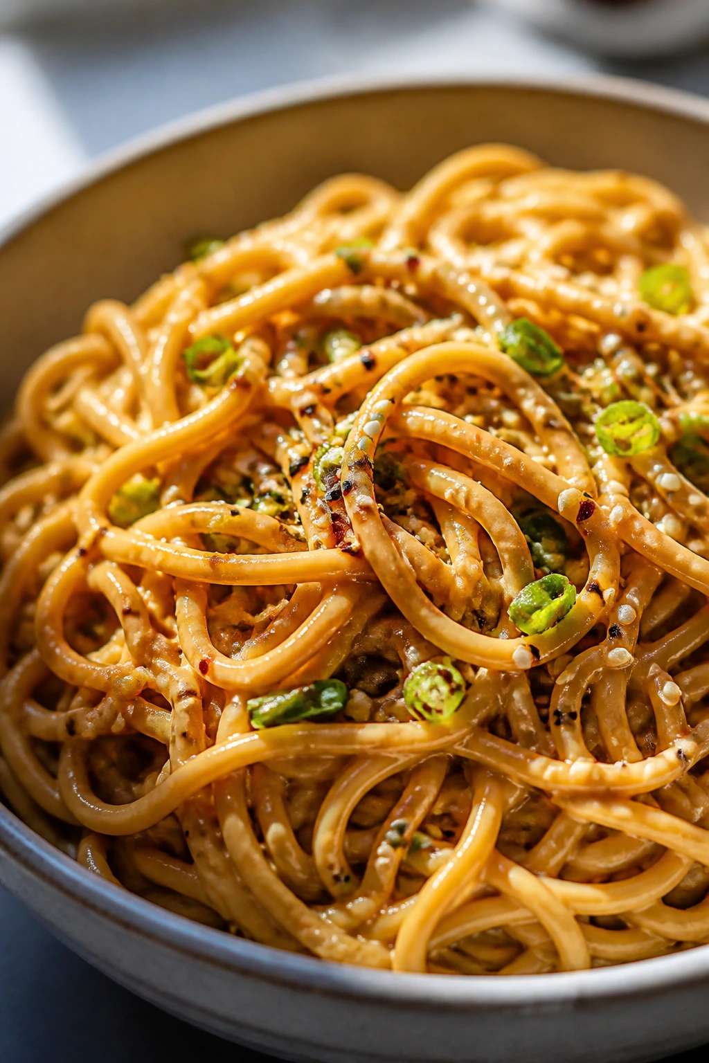 Close-up of peanut noodles with sesame in a white bowl