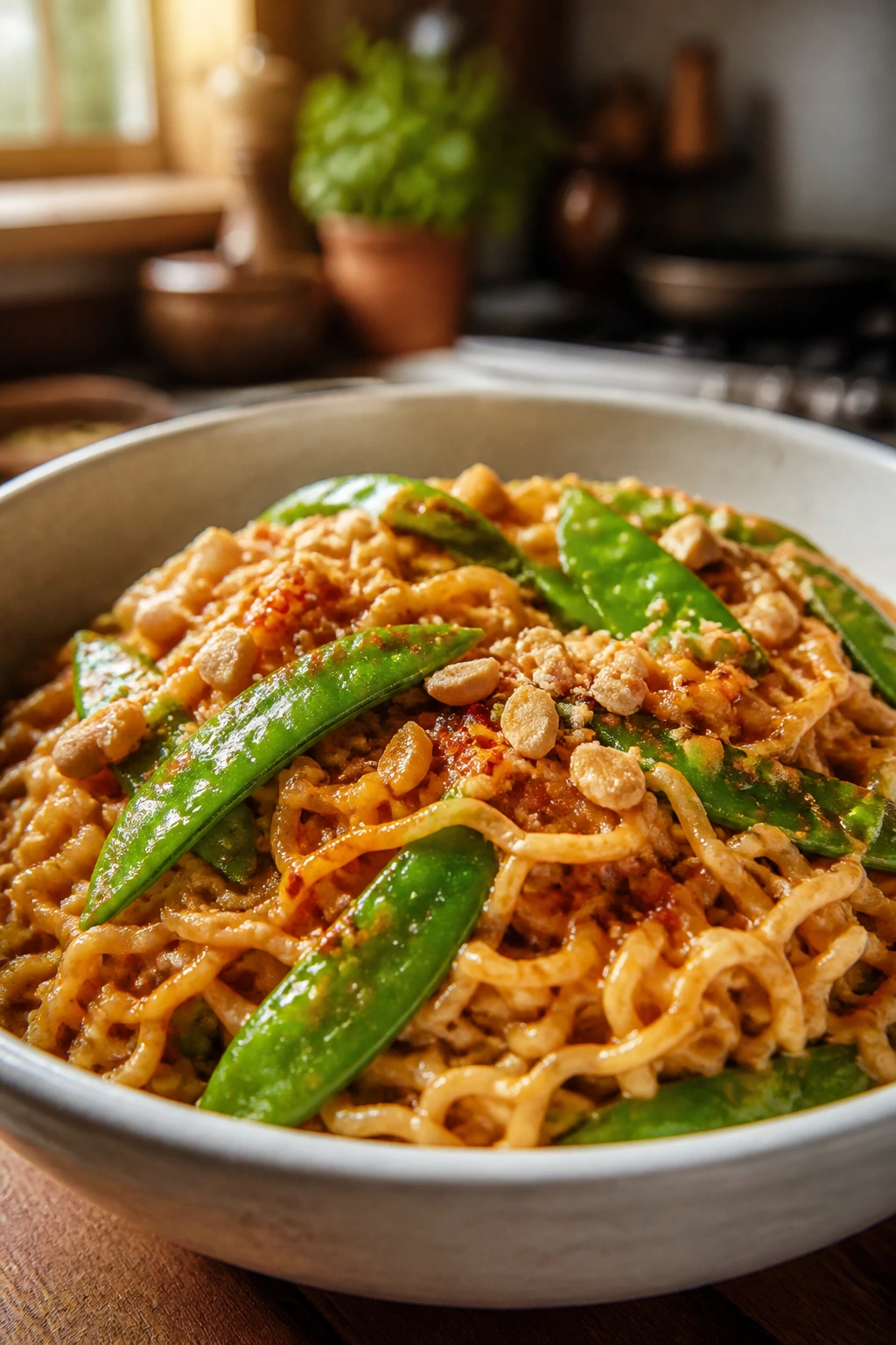 Close-up of peanut ramen with snap peas