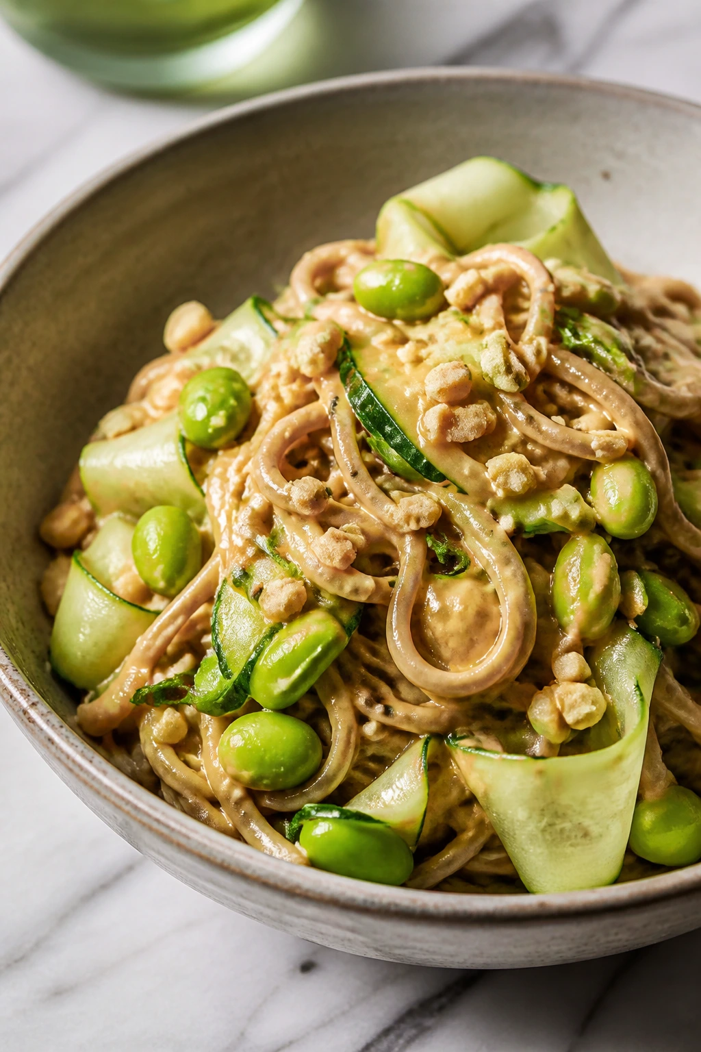 Close-up of peanut-sauce soba noodles with edamame and cucumber in a bowl