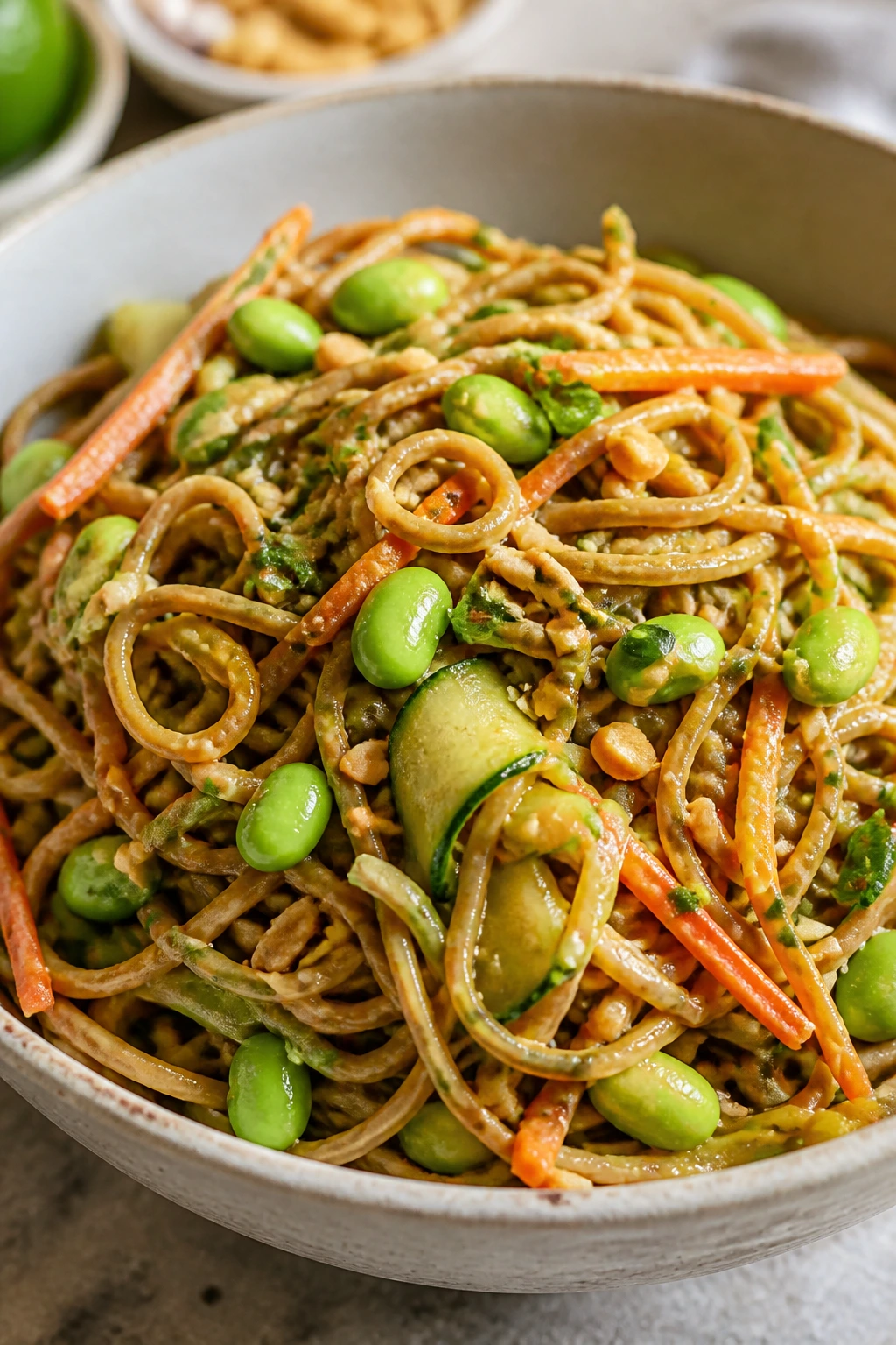 Close-up of peanut soba noodle salad with edamame in a bowl on a wooden table