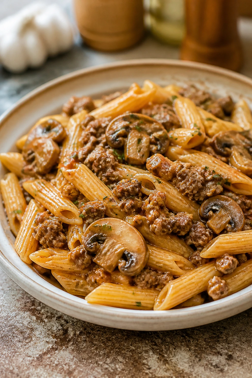 Close-up of penne with beef mushrooms and garlic on a rustic table