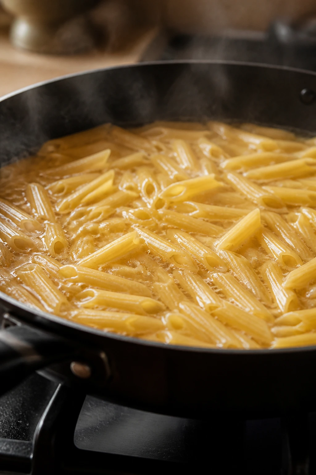 Penne pasta cooking in a skillet with broth and steam in a cozy kitchen
