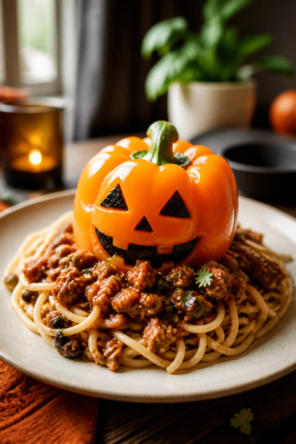 Plate with pepper-face garnish on a warm wooden table