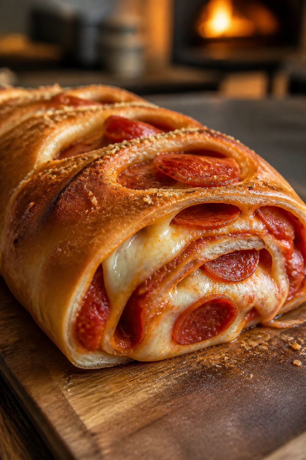 Close-up of pepperoni stromboli loaf with cheese and sauce visible