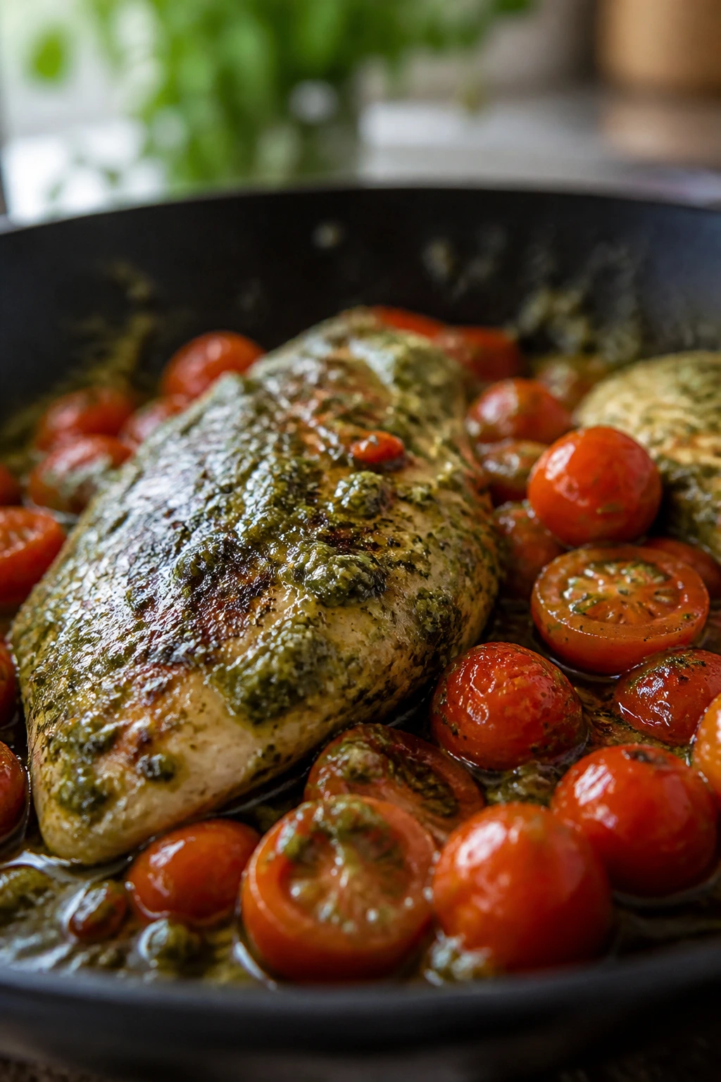 Close-up of pesto-coated chicken with cherry tomatoes in a skillet
