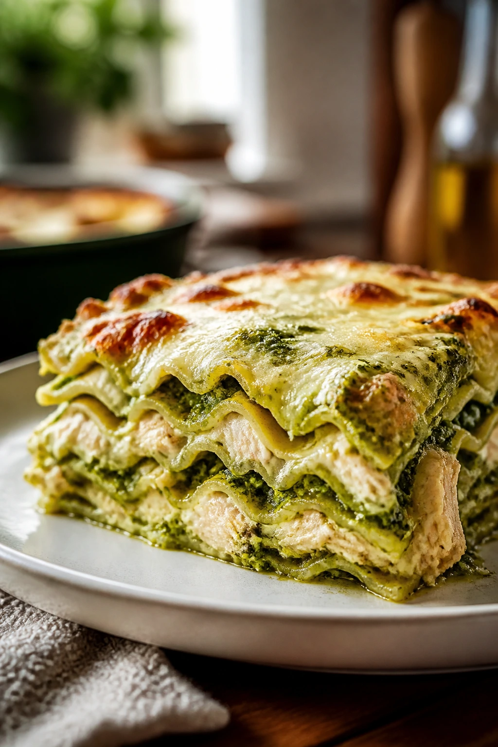 Plated slice of pesto chicken lasagna with green pesto swirls