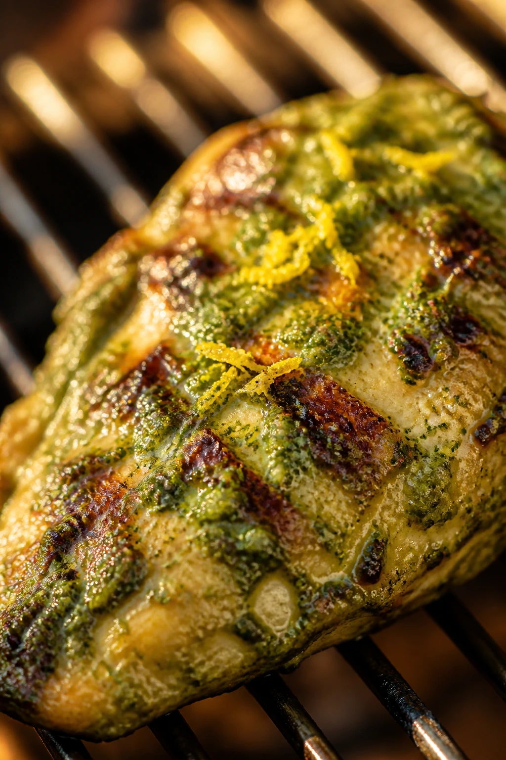Close-up of pesto lemon chicken breast grilled with green pesto glaze and lemon zest