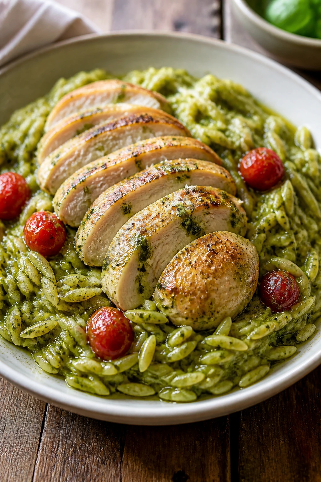 Close-up of pesto chicken orzo with cherry tomatoes