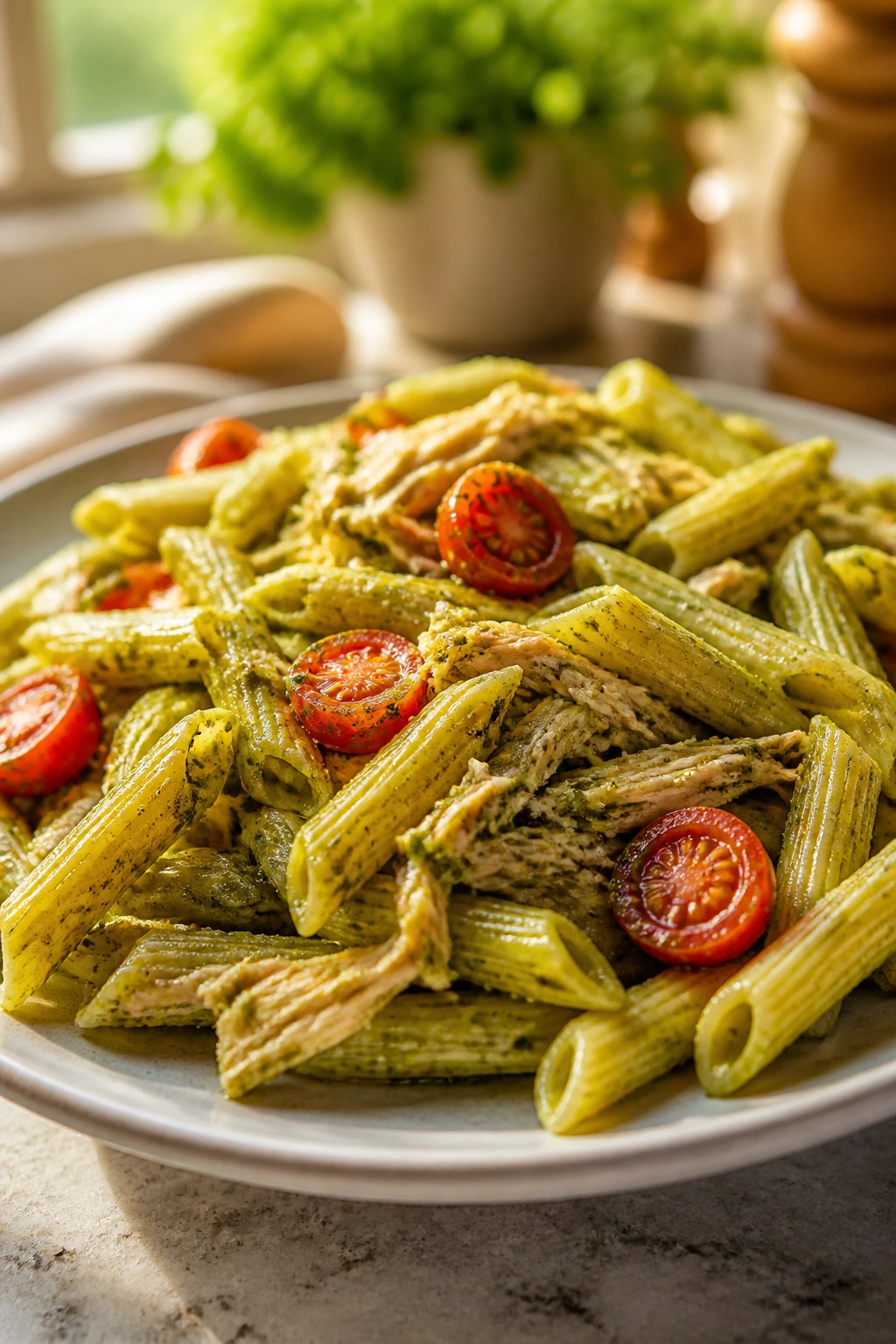 Pesto chicken pasta with basil and tomatoes