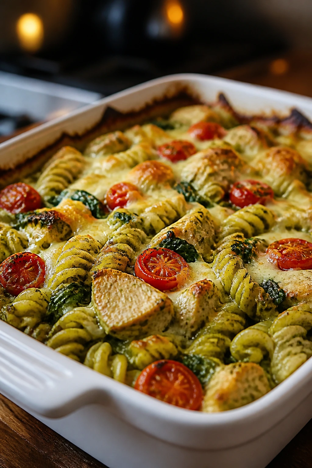 Close-up of pesto chicken pasta bake with tomatoes and spinach in a white dish