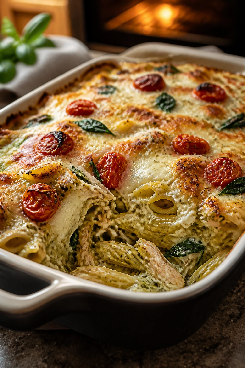 Close-up of pesto chicken pasta bake with melted cheese in a baking dish