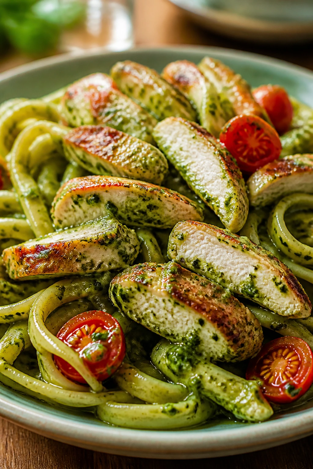 Close-up of pesto chicken pasta with chicken, pasta, and cherry tomatoes