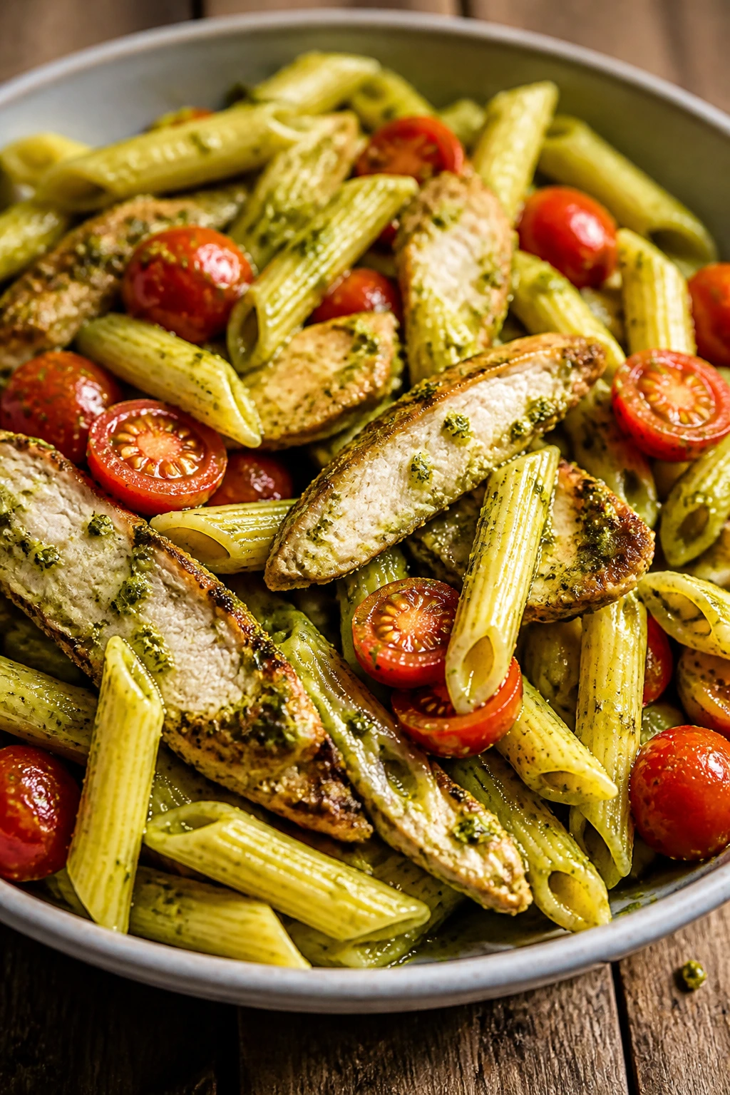 Close-up of pesto chicken pasta with cherry tomatoes on a rustic wooden table