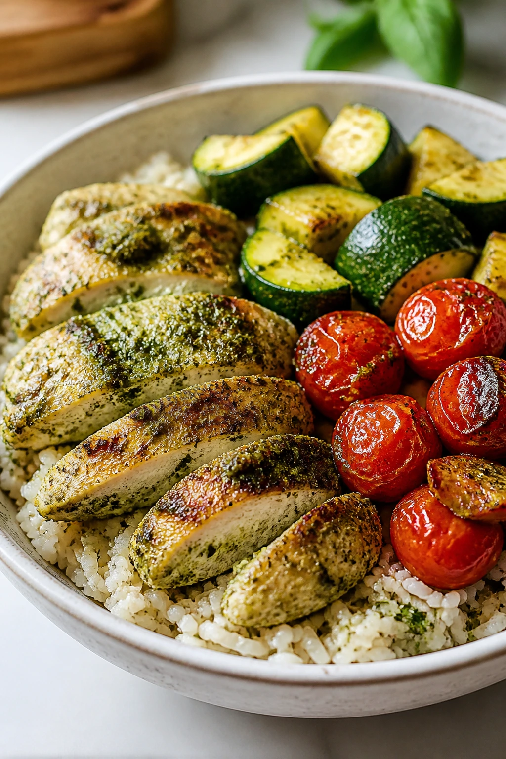 Close-up of pesto chicken veggie rice bowl with zucchini and tomatoes
