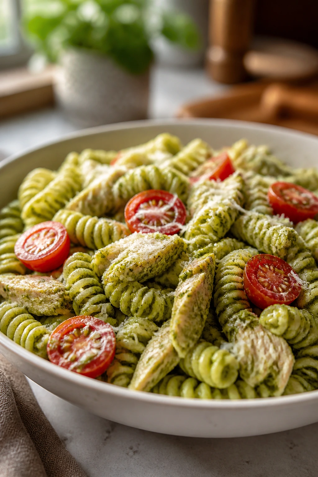 Pesto chicken rotini close-up with tomatoes and cheese