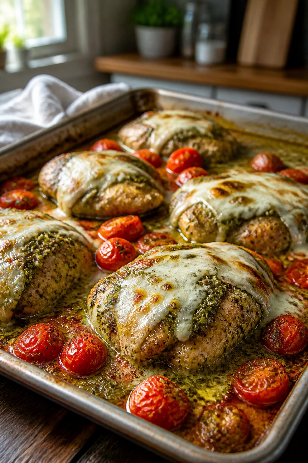 Pesto-coated chicken with tomatoes and mozzarella on a sheet pan