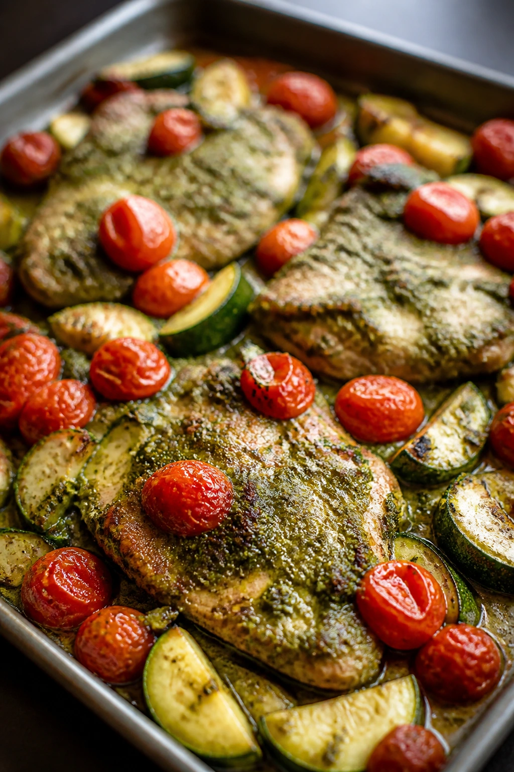 Close-up of pesto-coated chicken with cherry tomatoes and zucchini on a sheet pan